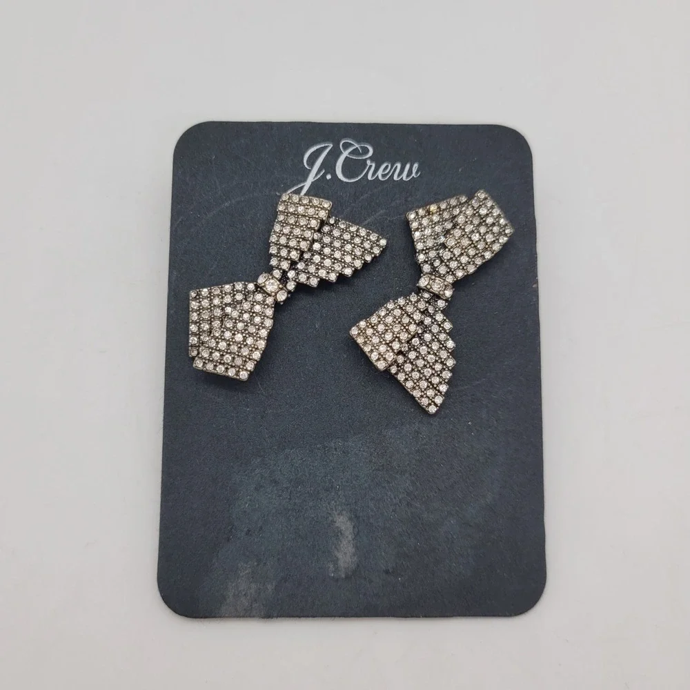 J.Crew Crystal Bow Stud Earrings Silver Tone Hypoallergenic NEW